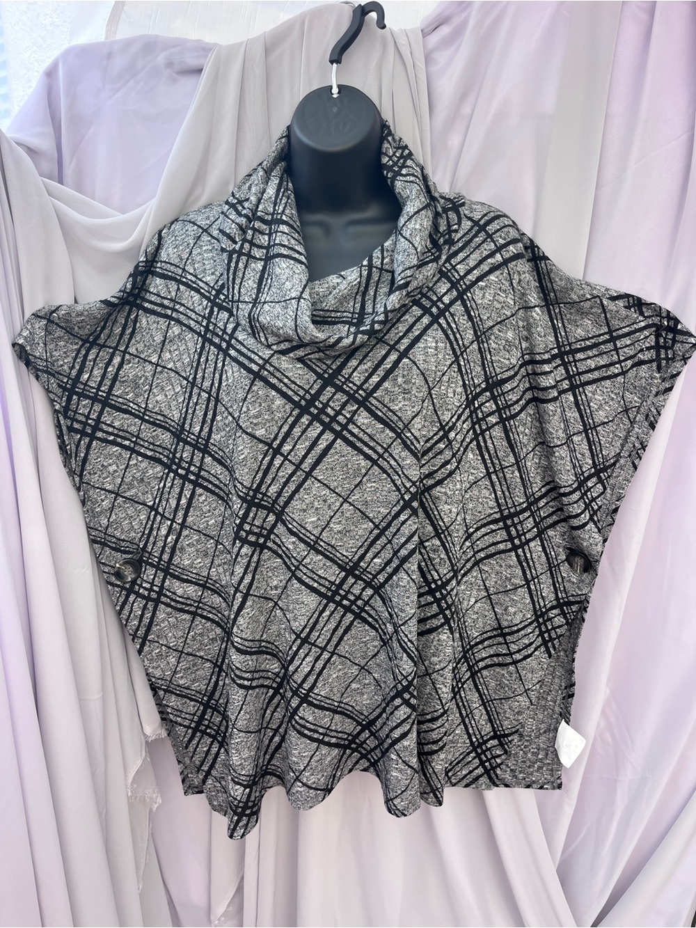 Cowl Neck Plaid Poncho Sweater in Grey and Black - Unbranded
